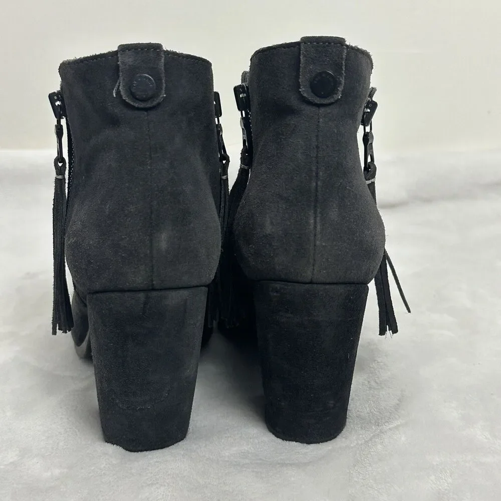 Rag & Bone Margot Ankle Booties Asphalt Grey Suede Fringe Block Heel Boho Casual